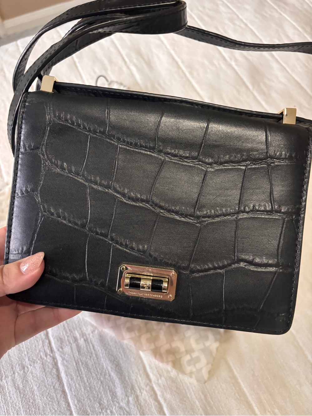 DVF Black Croc-Embossed Crossbody Bag with Gold Hardware with tags